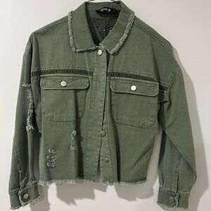 Green distressed drop shoulder denim jacket. Size small. Brand new.